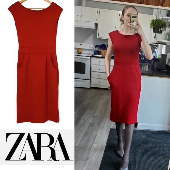 Zara Dresses & Skirts - *RARE* Zara Red Sabrina Neckline Knit Midi Dress w/ POCKETS!